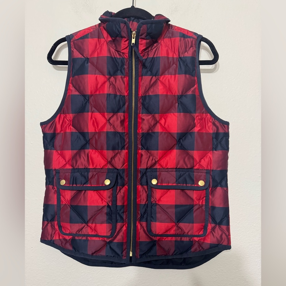 J. Crew Excursion Puffer Vest Red Buffalo Plaid Navy Blue Down Fill Size Small